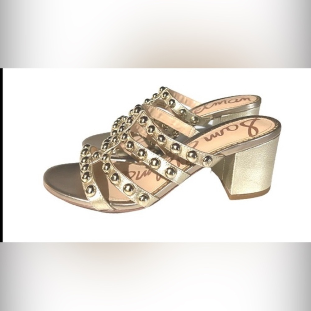 SAM EDELMAN Suri Champagne Gold Studded Mule Heels Size 8 Women Heels 3” Block